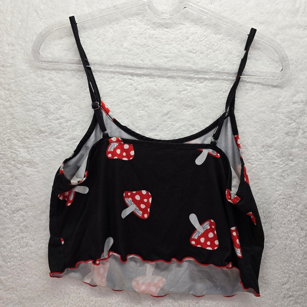 Y2K Womens Fungi Crop Mushroom‎ Ruffle Cami Top Shrooms Cottagecore Whimsical XS - Picture 4 of 7